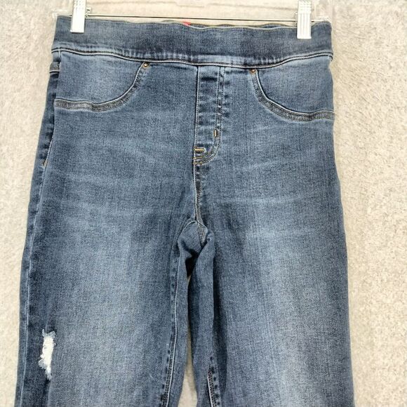 Spanx Pull on Jeggings Wmns S Blue Medium Wash Mid Rise Ankle Raw Hem Slimming - Picture 2 of 12